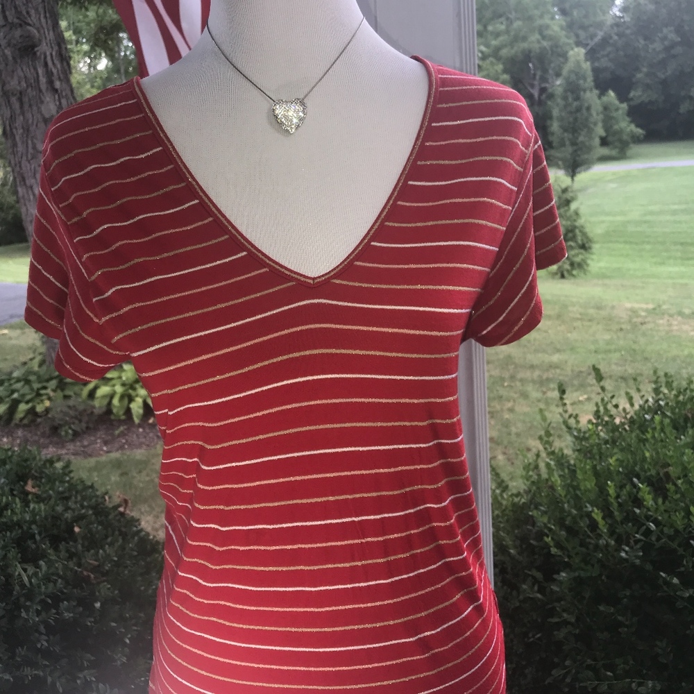 J Crew Short Sleeve Red with Gold & Tan Strips Top